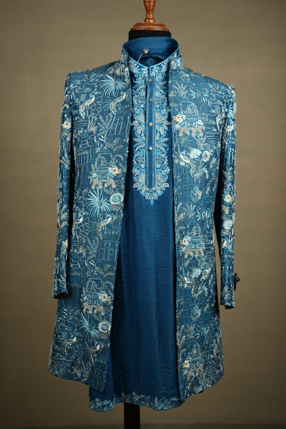 Teal Heritage Embroidered Jacket & Kurta Set