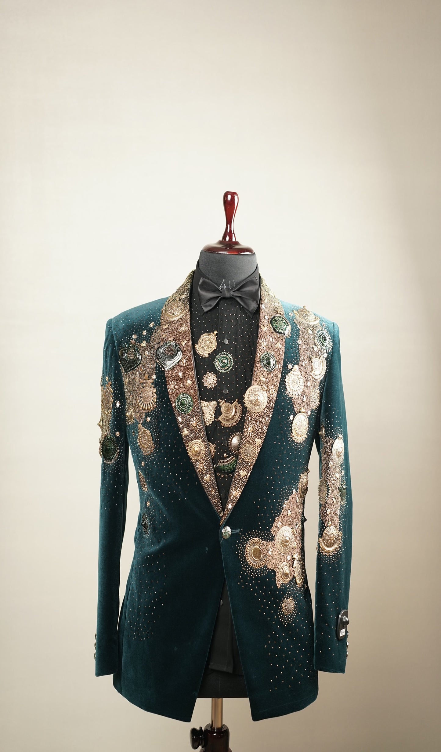 Green Velvet Tuxedo Set with Metal Ornaments