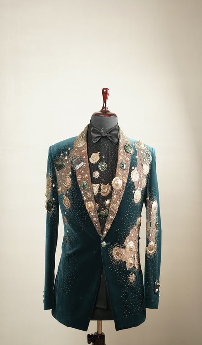 Green Velvet Tuxedo Set with Metal Ornaments