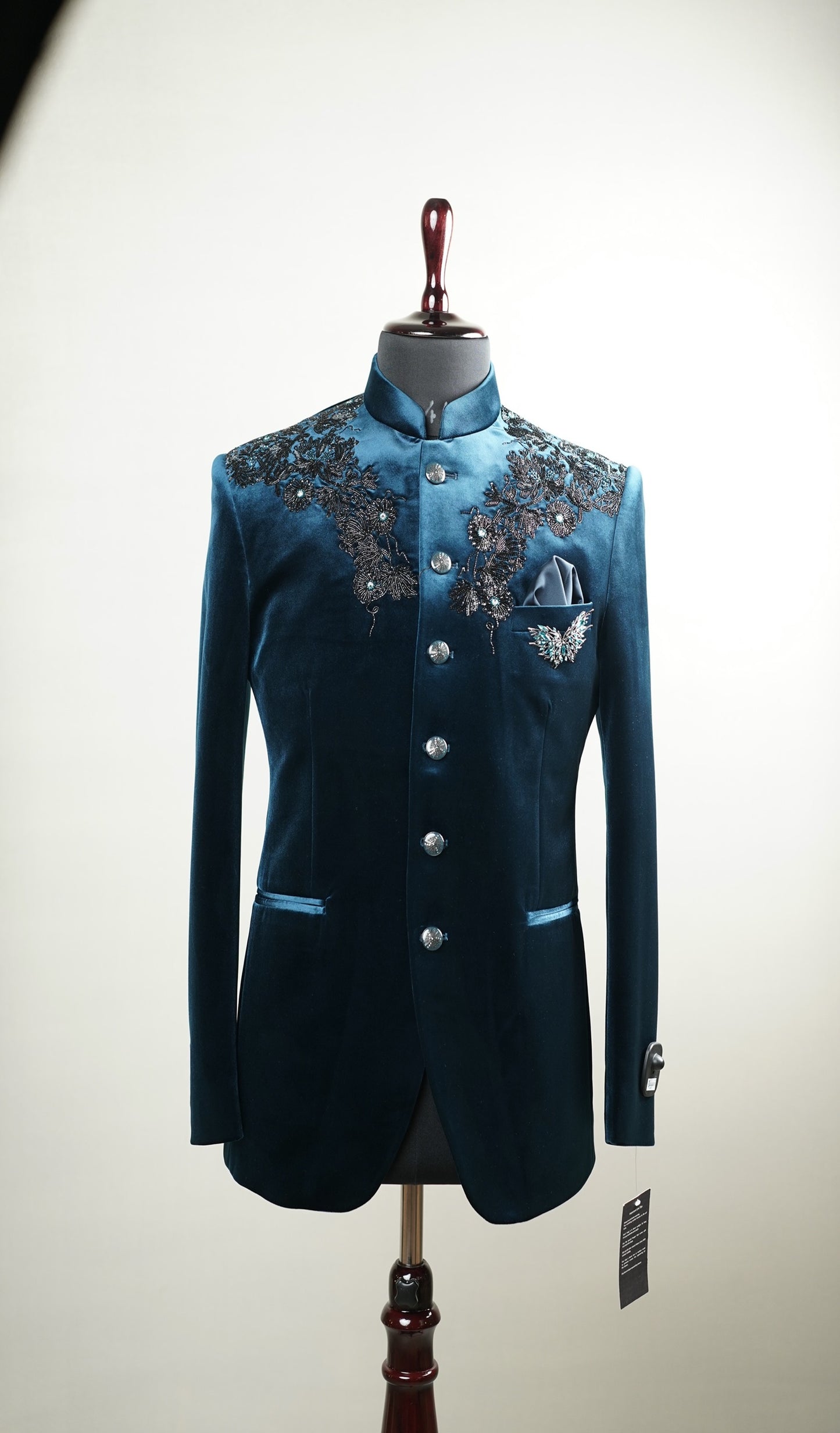 Teal Velvet Bandhgala with Floral Embroidery