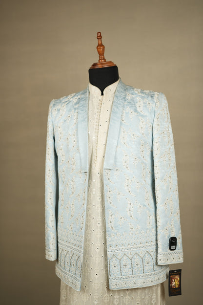 Powder Blue Embroidered Open-Style Jacket Set