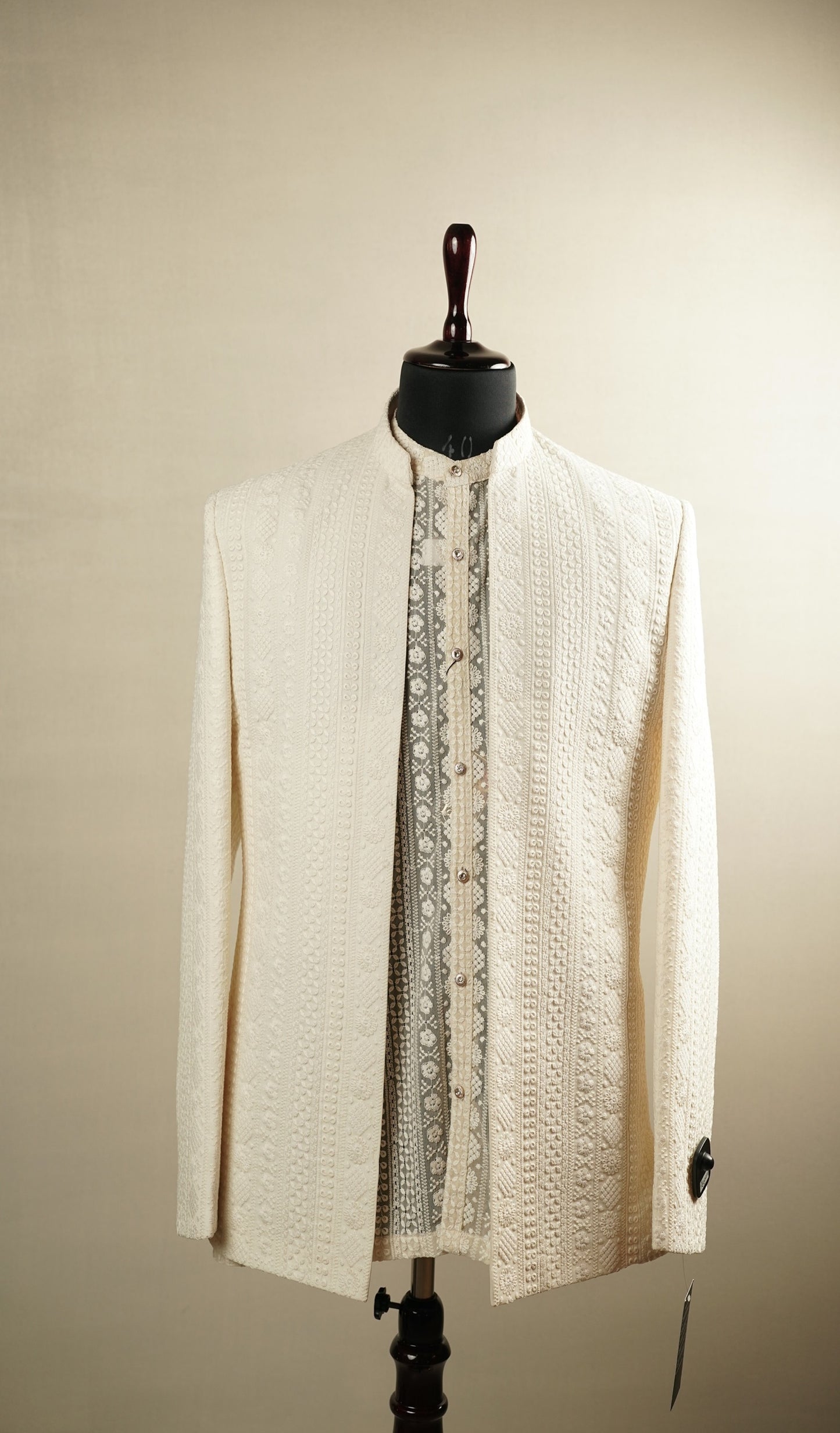 Ivory Textured Embroidered Open-Style Jacket Set