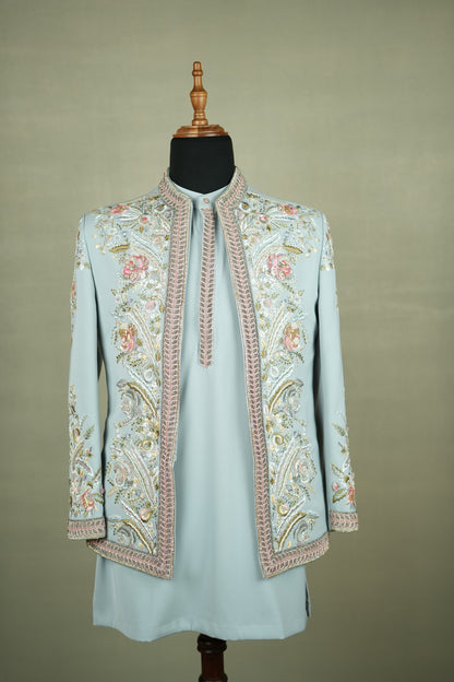 Blue Embroidered Indo-Western Jacket Set