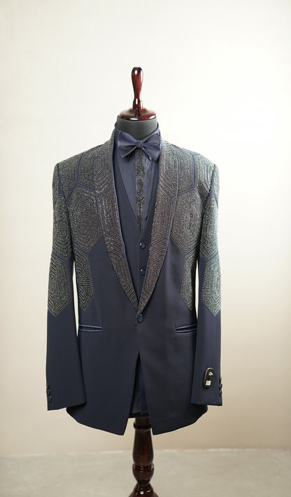 Navy Blue Embellished Tuxedo Set