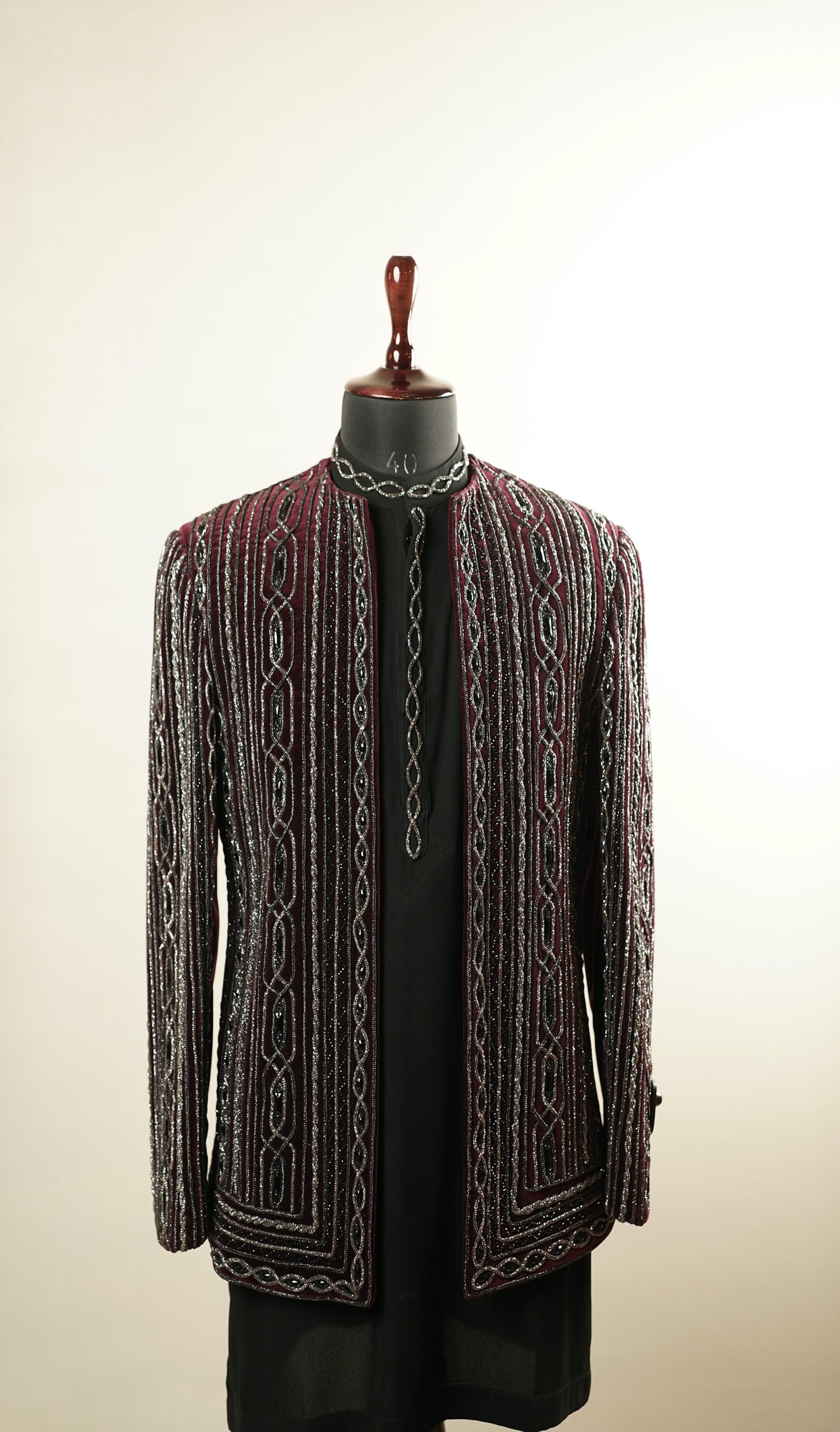 Maroon Gem-Encrusted Open-Style Jacket Set