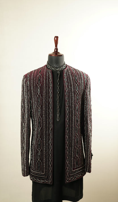 Maroon Gem-Encrusted Open-Style Jacket Set