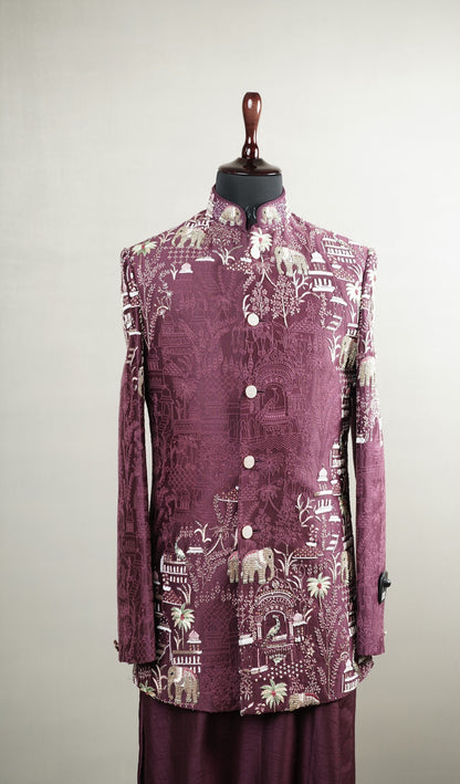 Wine Narrative Embroidered Bandhgala Set