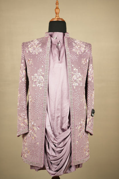 Mauve Embroidered Open Jacket Set