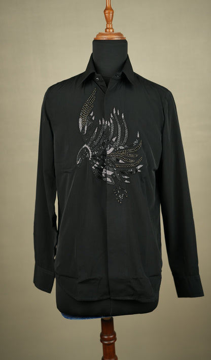 Black Embellished Bird Motif Shirt