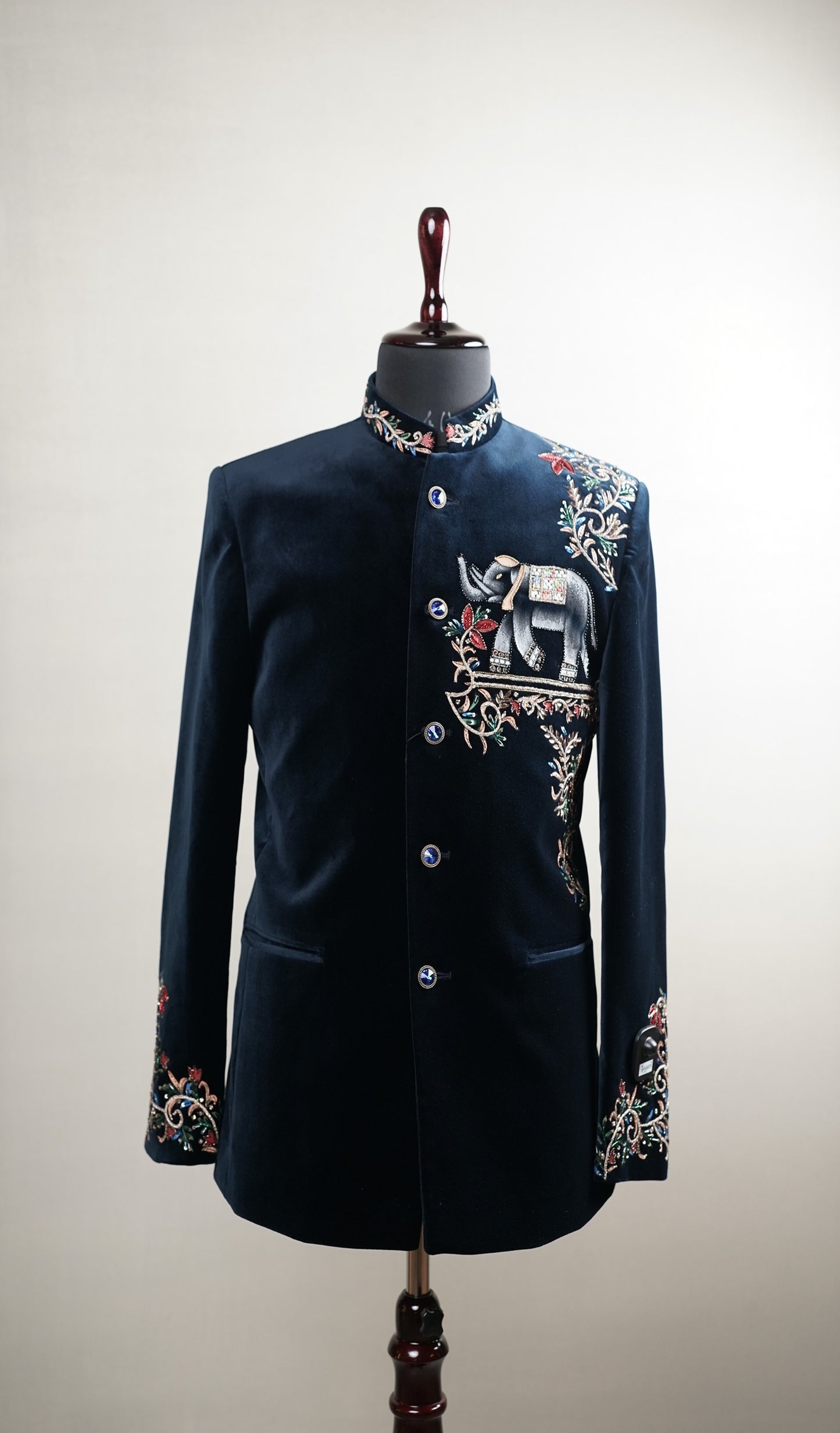 Navy Blue Velvet Embroidered Bandhgala