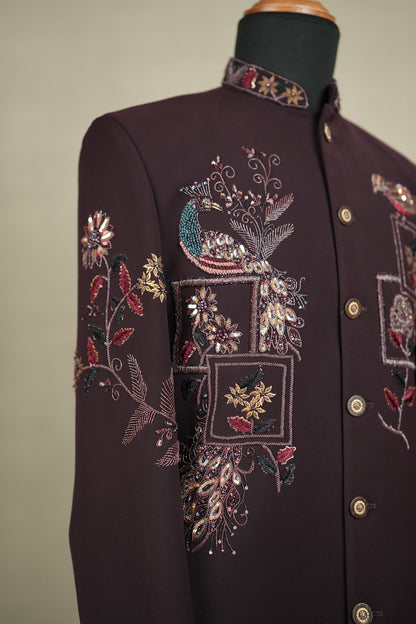 Wine Peacock Embroidered Indo-Western