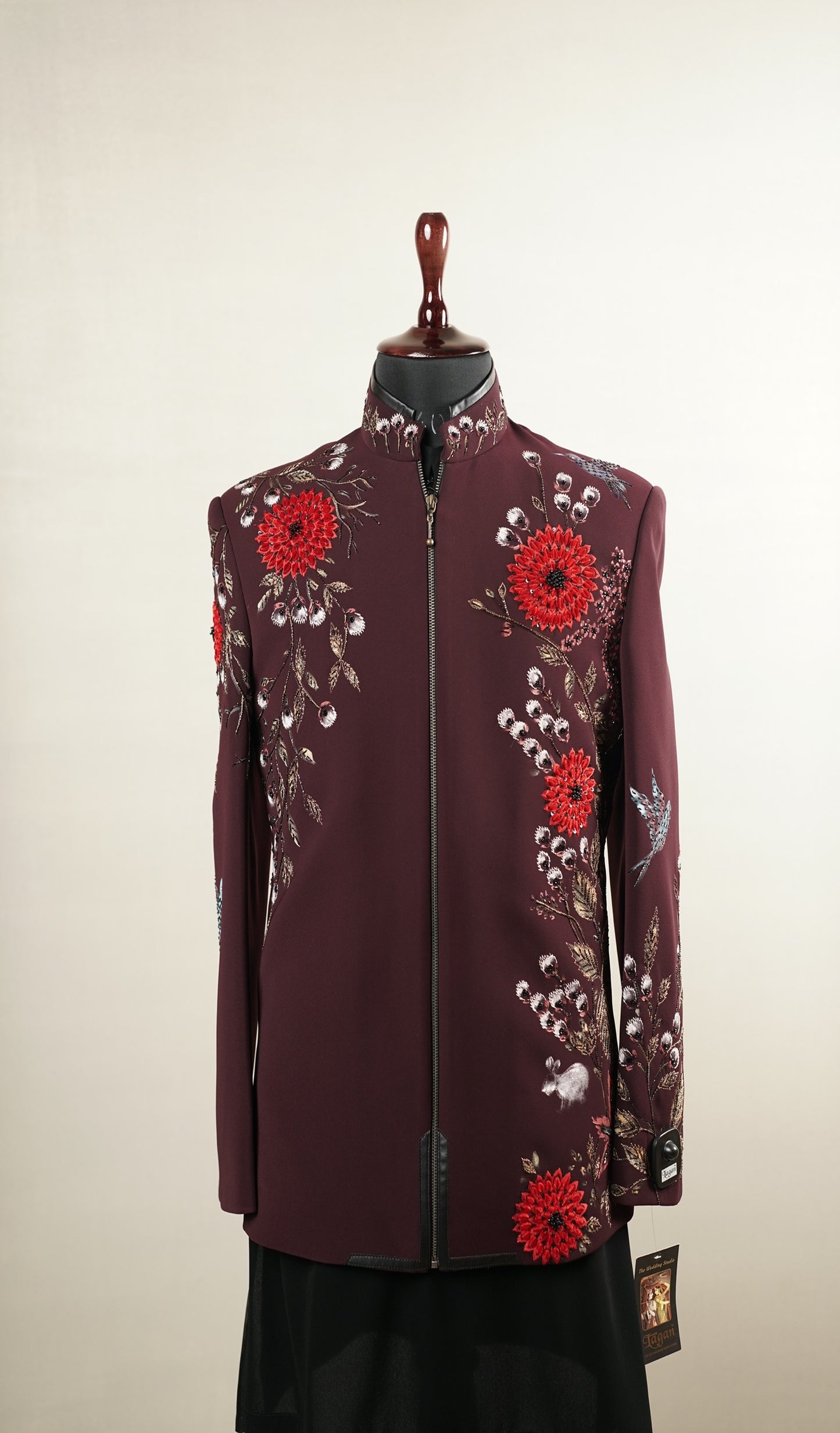 Wine Floral Embroidered Zip-Front Jacket Set