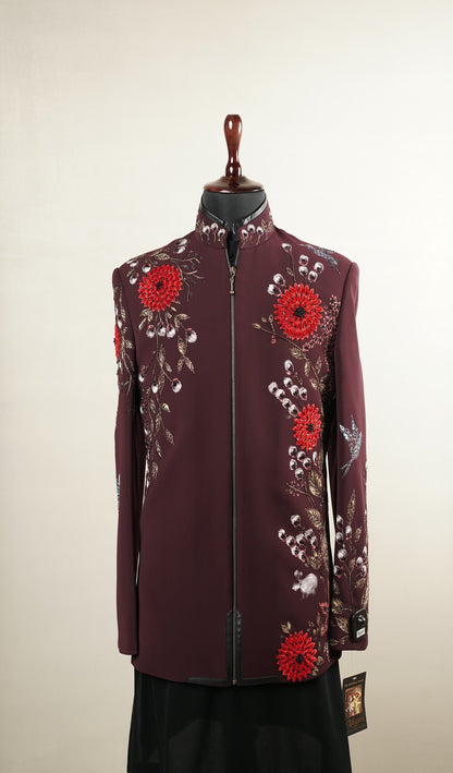 Wine Floral Embroidered Zip-Front Jacket Set