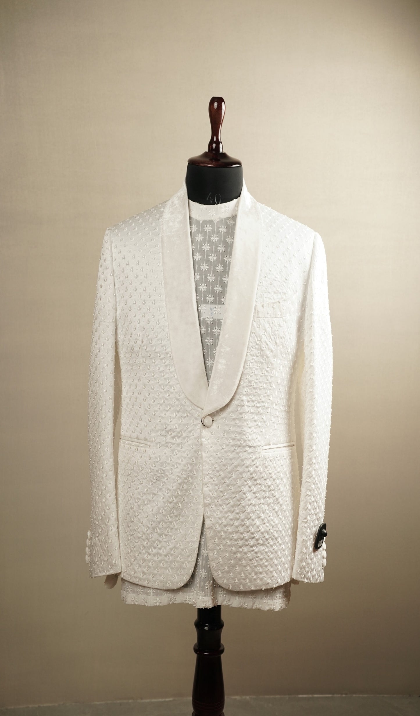 White Embroidered Tuxedo Set