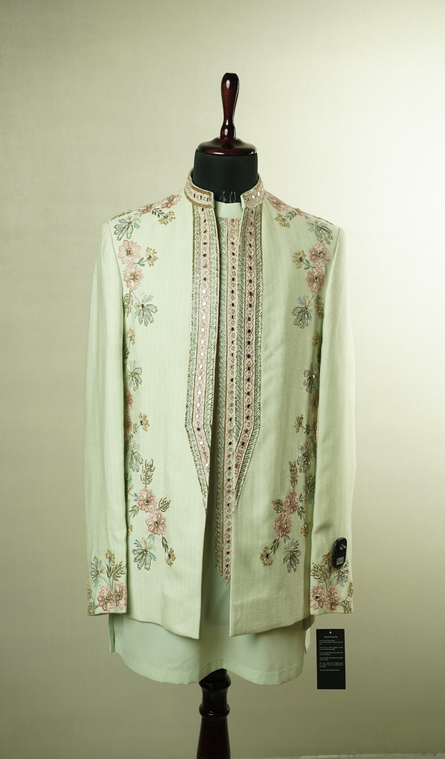 Mint Floral Embroidered Open-Style Jacket Set