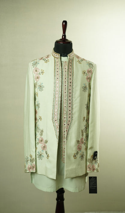 Mint Floral Embroidered Open-Style Jacket Set
