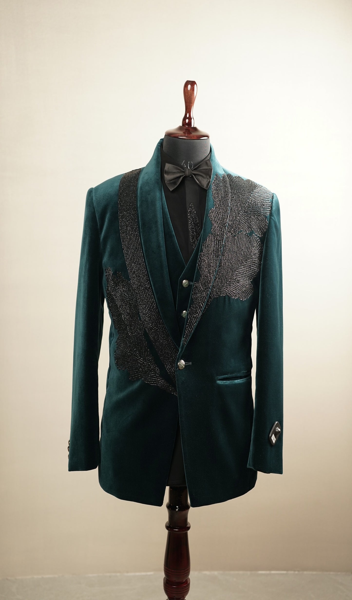Green Embroidered Velvet Tuxedo Set