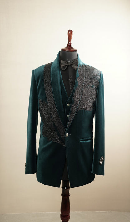 Green Embroidered Velvet Tuxedo Set