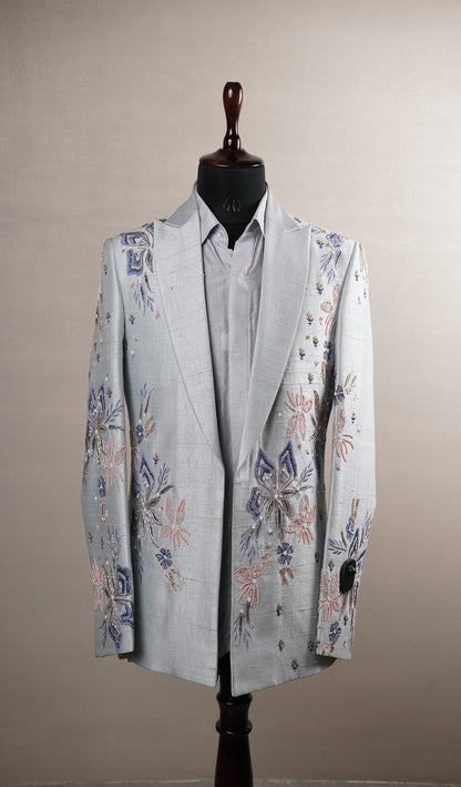 Powder Blue Floral Embroidered Blazer Jacket