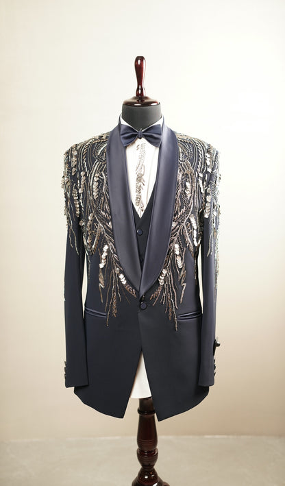 Navy Embroidered Tuxedo Set