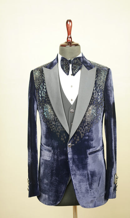 Navy Blue Embroidered Velvet Tuxedo Set