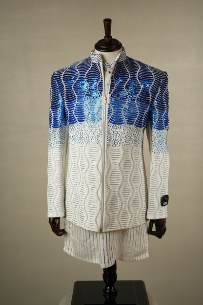 Ivory & Cobalt Embellished Indo-Western Jacket Set
