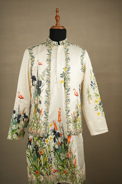 Ivory Printed Kurta with Open-Style Jacket