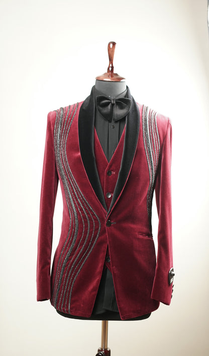 Burgundy Embroidered Velvet Tuxedo Set