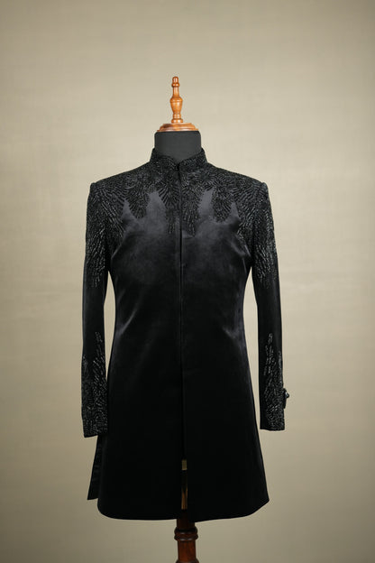 Black Embroidered Velvet Indo-Western