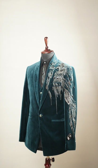 Green Velvet Tuxedo Set with Asymmetric Metallic Embroidery