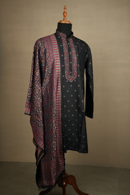 Black Printed Kurta with Coordinated Draped Dupatta