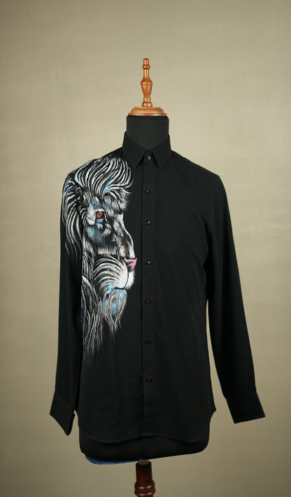 Black Hand-Painted Lion Motif Shirt