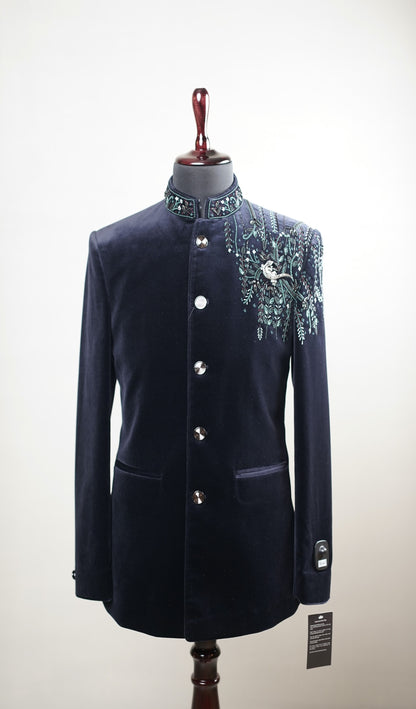 Navy Blue Velvet Bandhgala Jacket