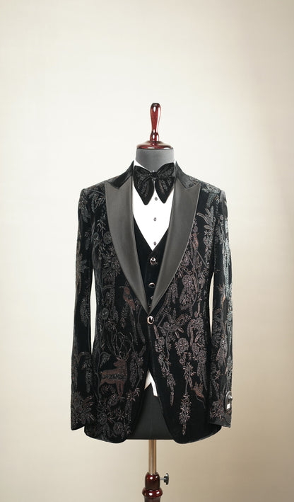 Black Tonal Embroidered Velvet Tuxedo Set
