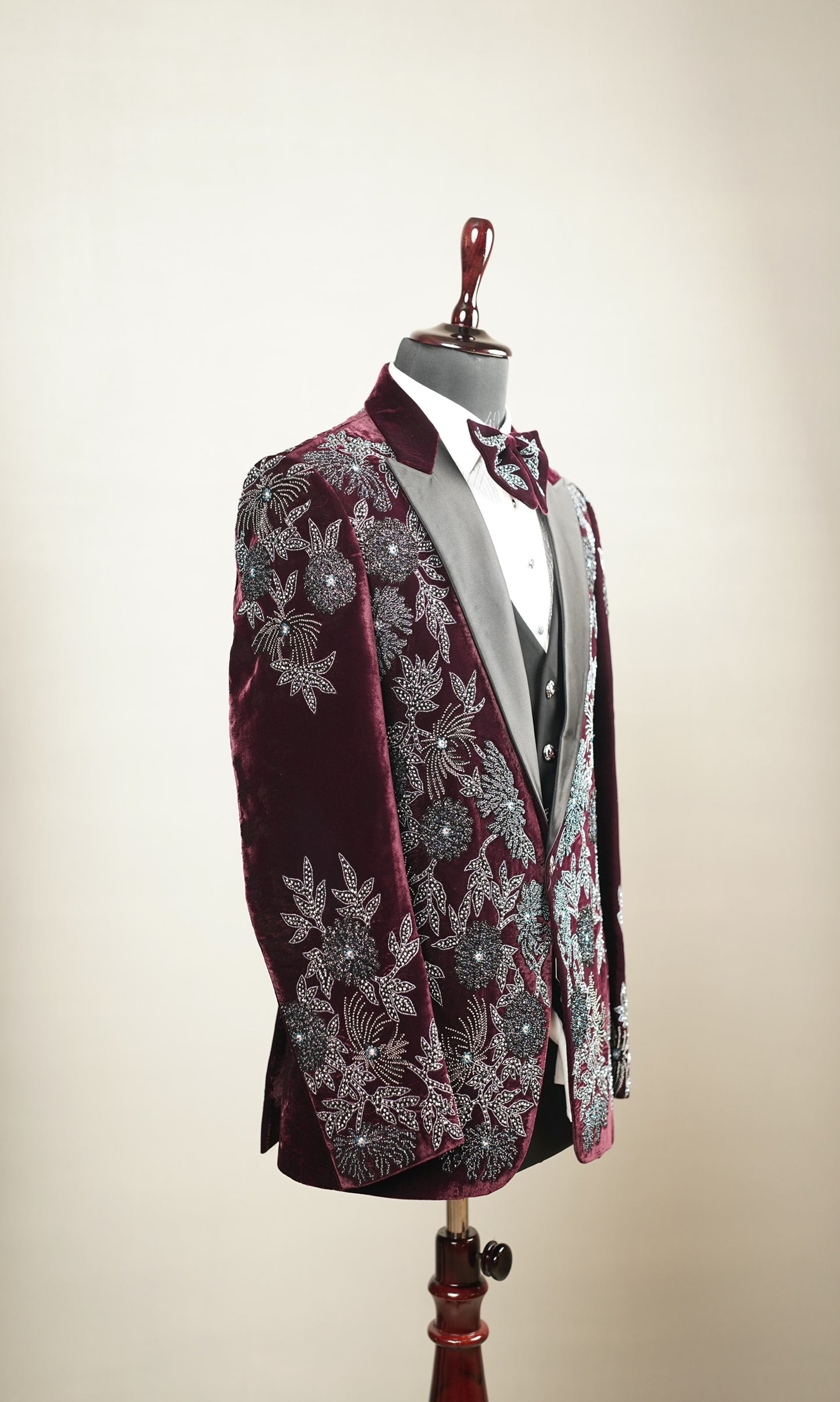 Wine Floral Embroidered Velvet Tuxedo Set
