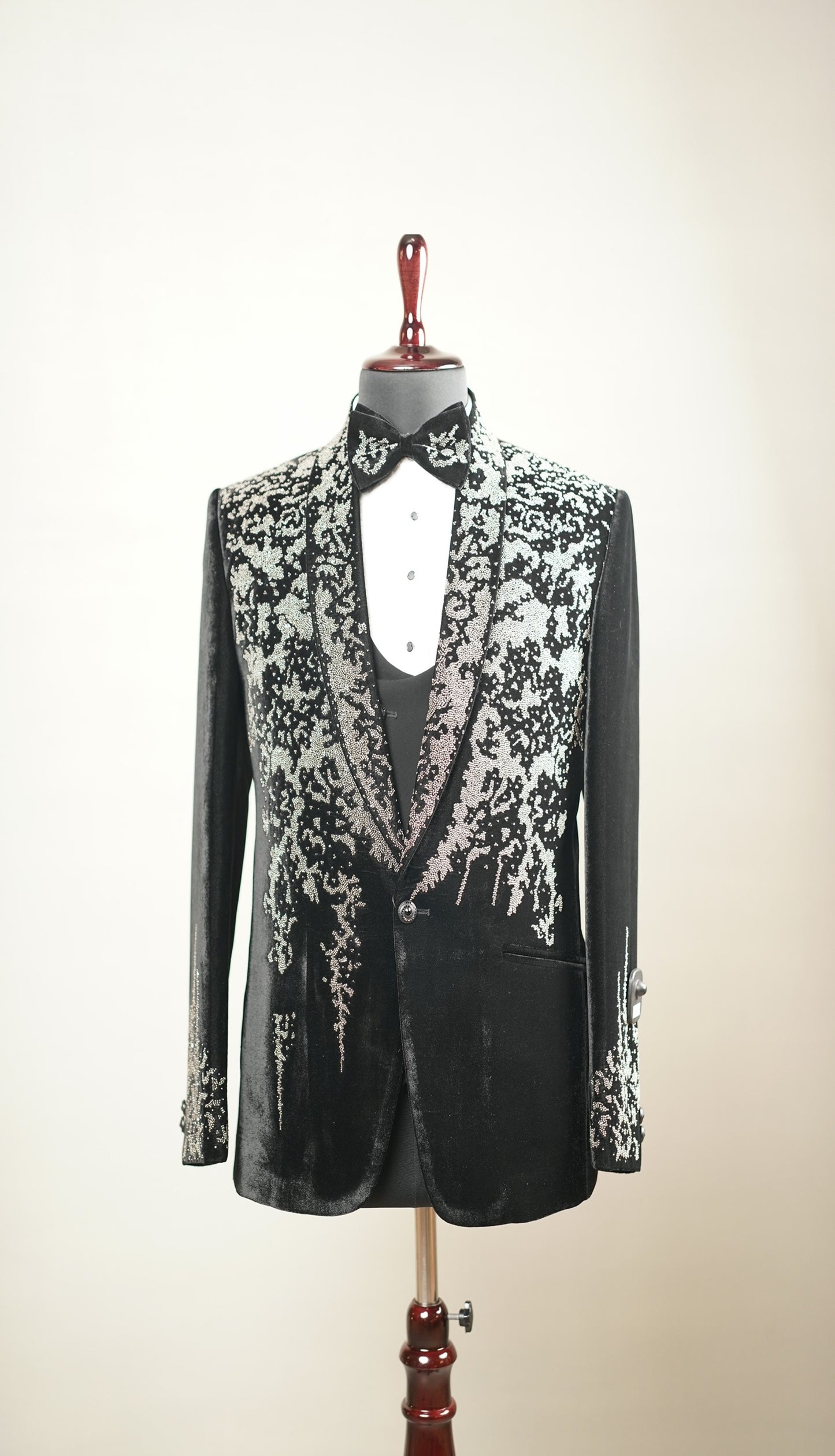 Black Abstract Embroidered Velvet Tuxedo Set