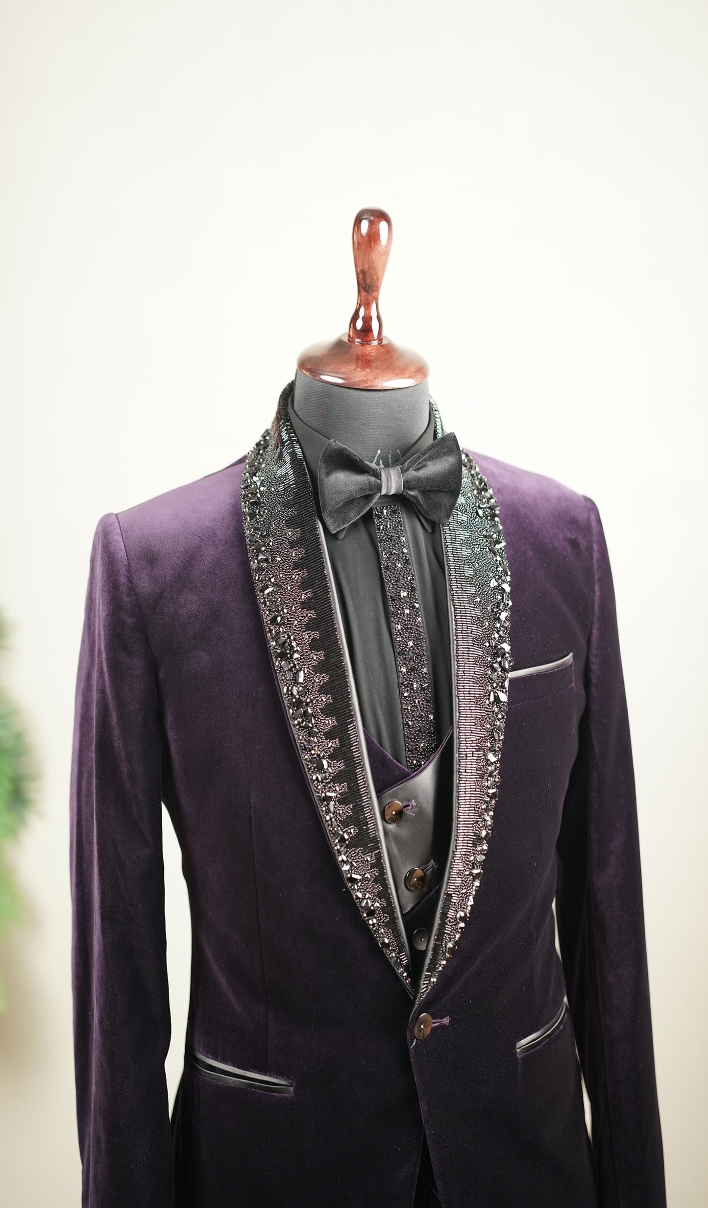 Plum Embellished Velvet Tuxedo Set