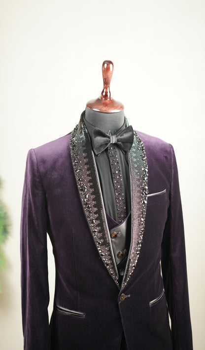 Plum Embellished Velvet Tuxedo Set