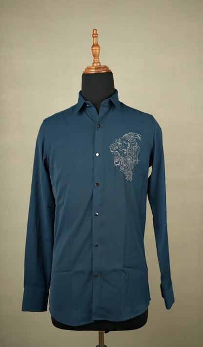 Teal Lion Motif Embroidered Shirt
