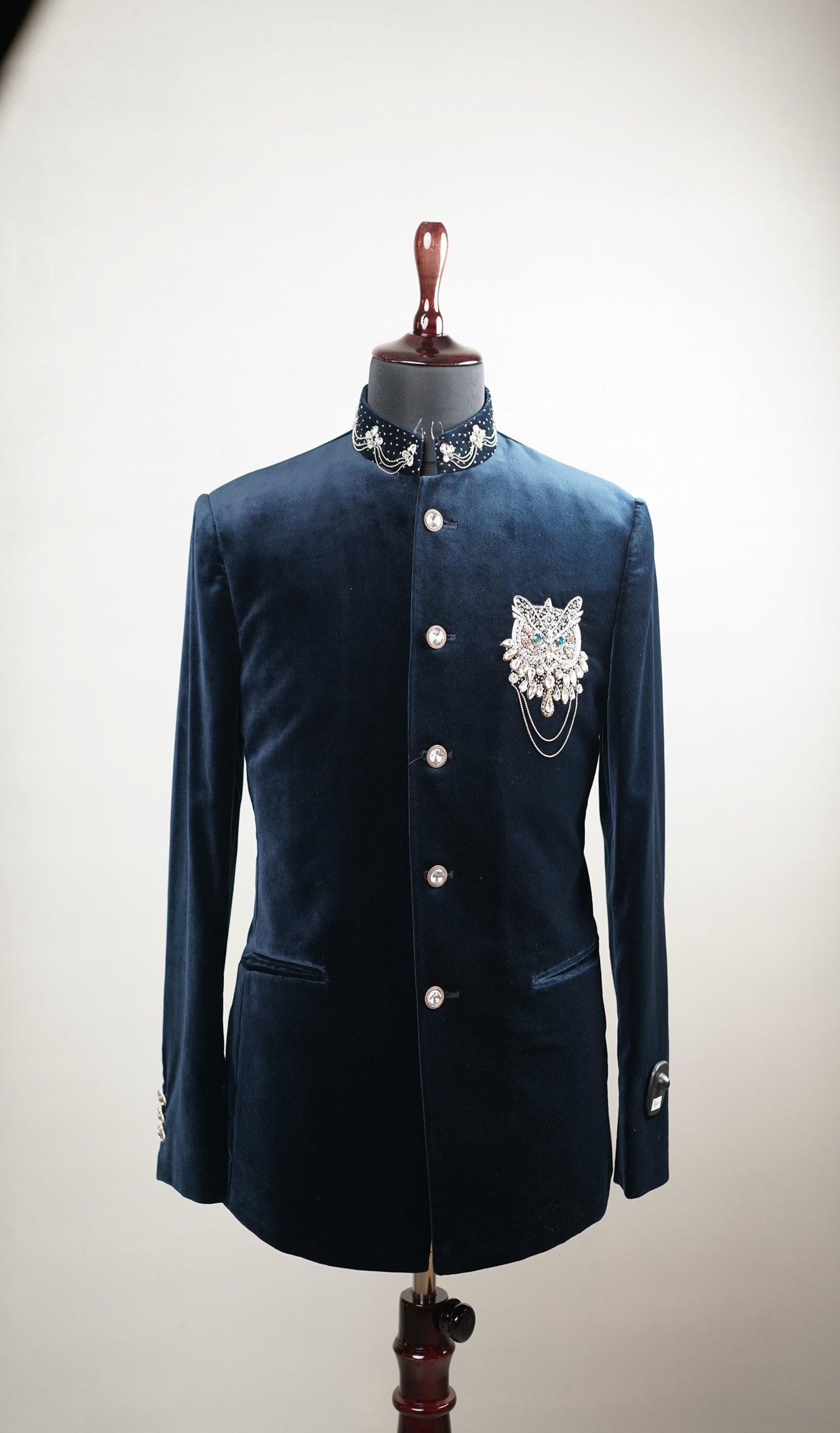 Navy Blue Velvet Bandhgala with Ornamental Brooch Detail