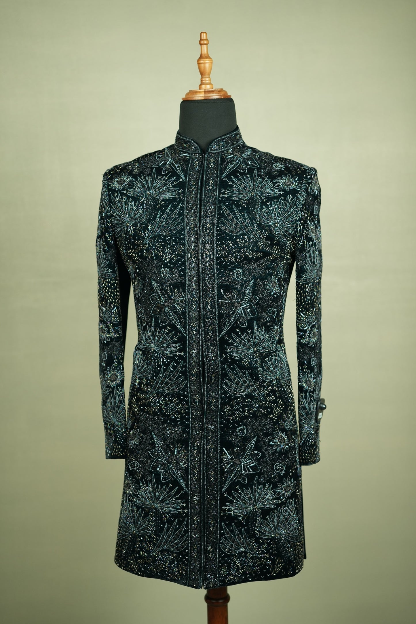 Dark Green Velvet Embroidered Indo-Western