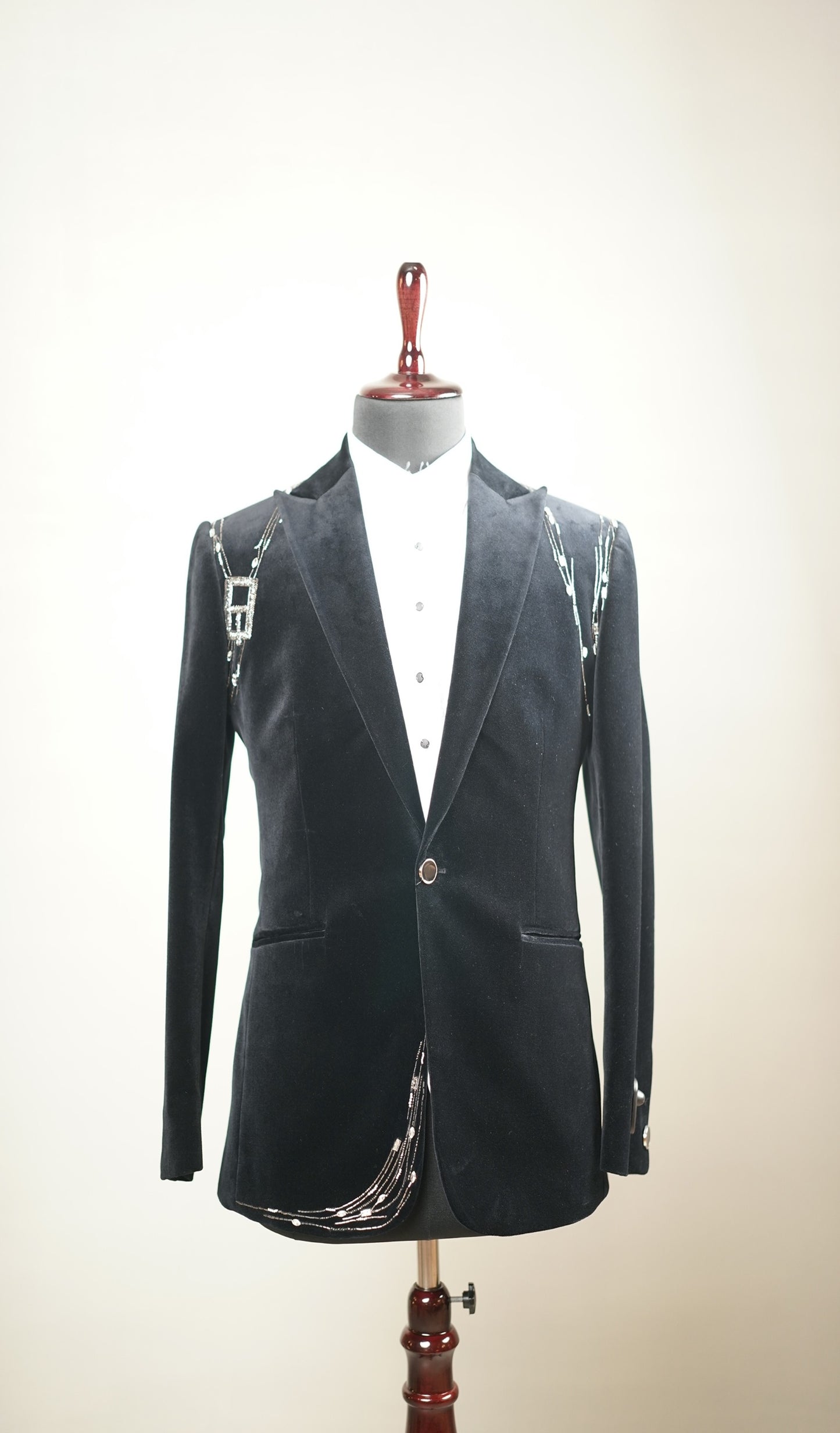 Black Crystal-Embellished Velvet Tuxedo Set